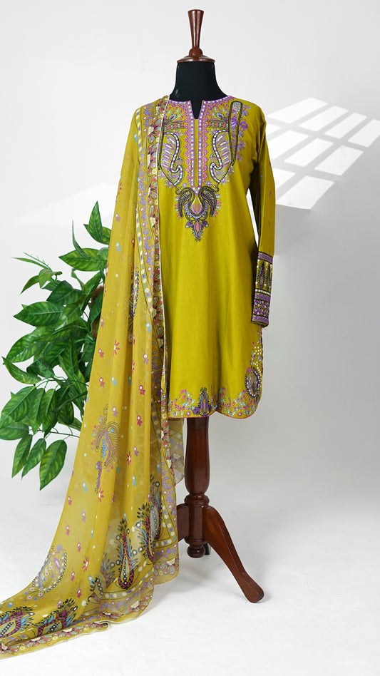Olive Gold – Embroidered 3-Piece Lawn Suit